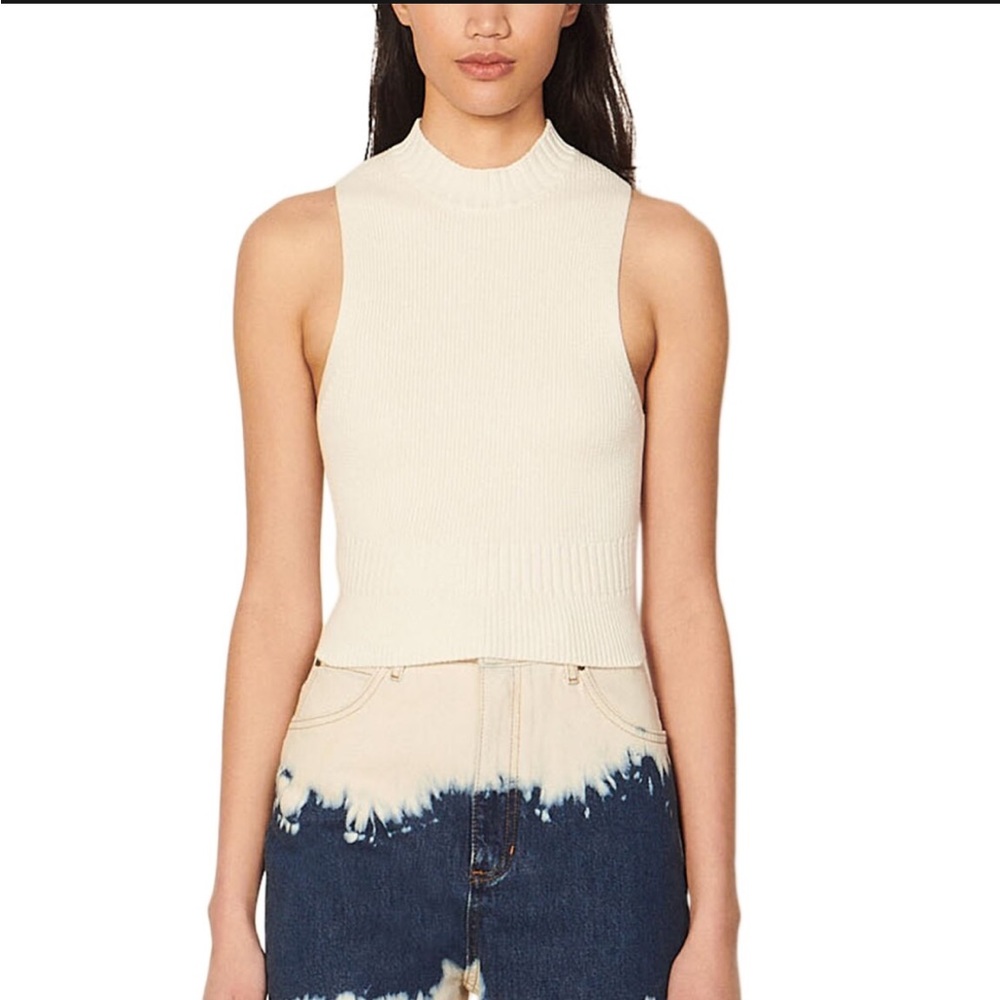 Sandro Cream Ribbed Sleeveless Mock Neck Top